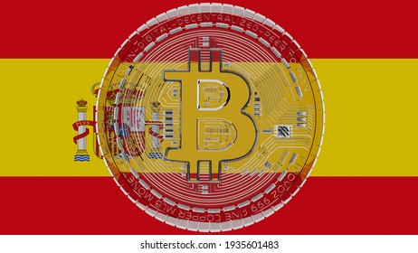 3D-Darstellung eines großen transparenten Glasbitcoins in der Mitte und auf der Flagge Spaniens