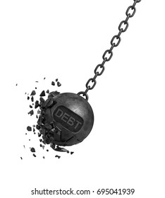 3d rendering of a large wrecking ball with a writing DEBT swings on a chain while its pieces and chunks are flying out. Settling obligations. Financial trouble. Loss of money.