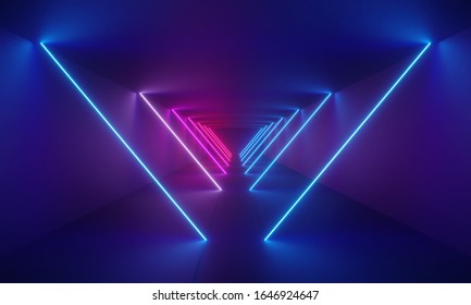 3d Rendering, Laser Show, Night Club Interior Lights, Glowing Lines, Abstract Fluorescent Background, Corridor