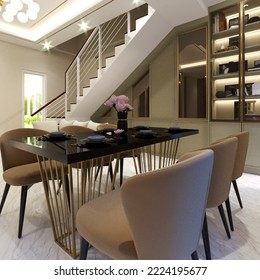 3D Rendering Of Lavish And Dazzling Dining Room Under The Stair Interior Design