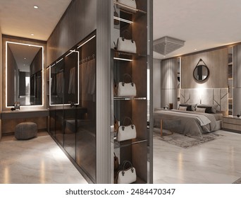 3D Rendering of Lavish and Splendid Master Bedroom with Walking Closet Interior Design