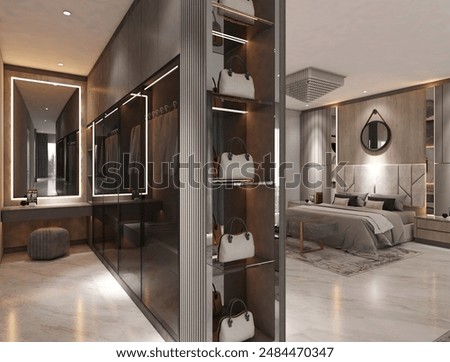 3D Rendering of Lavish and Splendid Master Bedroom with Walking Closet Interior Design