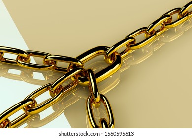 3d rendering of leadership concept with chains. Chains are connected by big golden link. Business, strength, protection, connection, network and company concept. 