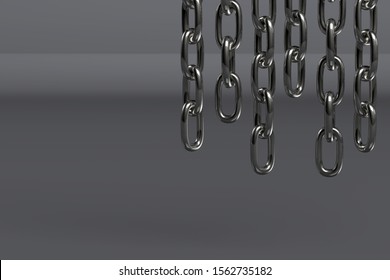 3d rendering of leadership concept with chains. 
chains of different lengths hang from above on gray background. Business Innovation of Blockchain Technologies.