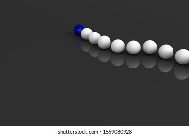 3d rendering of leadership and team work concept. Blue ball is the leader of white balls on black background. Best, different, unique, original, chief, first, champion. Stand out from the crowd.