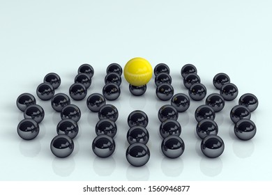 3d rendering of leadership and team work concept. Yellow ball is the leader of black balls Stand out from the crowd.
