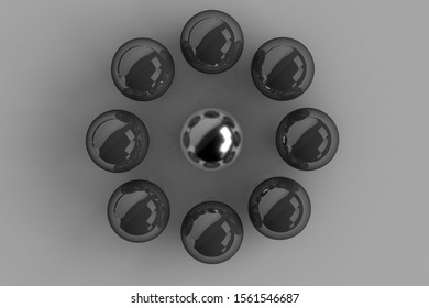 3d rendering of leadership and team work concept. Silver ball is the leader of black balls on white background. Stand out from the crowd.