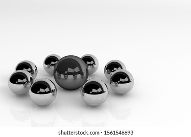 3d rendering of leadership and team work concept. Black ball is the leader of silver balls on white background. Stand out from the crowd.