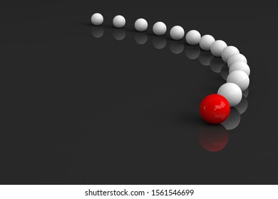 3d rendering of leadership and team work concept. Red ball is the leader of black balls on black background. First, champion. 