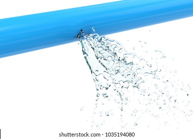 3d rendering leaking pipe with water splash on white background