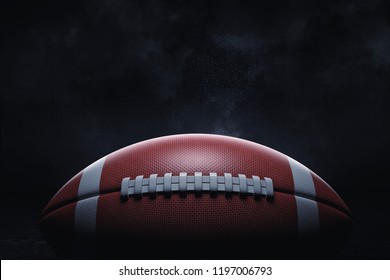 3d rendering of a leather ball for American football lying with its seams in focus on a dark background. American national game. American football gear. Ball for professional sport.