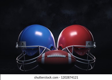 3d rendering of a leather ball standing between two American football helmets with face guards. Playing sports. Competing for victory. American national sport.