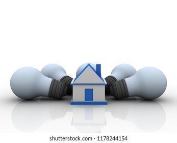 3d rendering led light bulb network with house