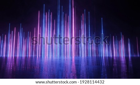 3D Rendering of led neon glow lights with reflection on grunge wet floor. For product display, advertising background