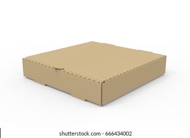 3d rendering left tilt closed blank brown pizza box, isolated white background, elevated view 