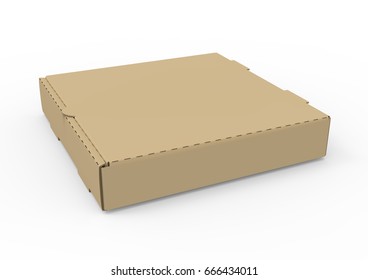 3d rendering left tilt closed blank brown pizza box, isolated white background, elevated view 