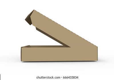 3d rendering left tilt open blank brown pizza box, isolated white background, side view 