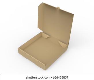 3d rendering left tilt open blank brown pizza box, isolated white background, elevated view 