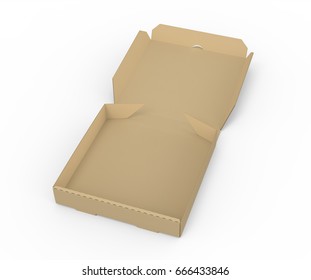 3d rendering left tilt open blank brown pizza box, isolated white background, elevated view 