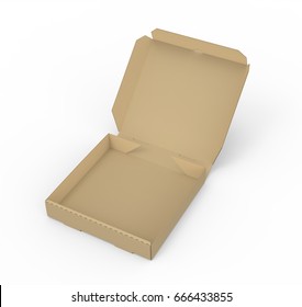 3d rendering left tilt open blank brown pizza box, isolated white background, elevated view 