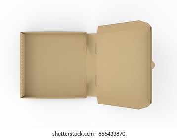 3d rendering left tilt open blank brown pizza box, isolated white background, top view 