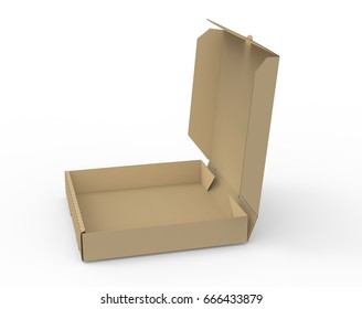 3d rendering left tilt open blank brown pizza box, isolated white background, elevated view 