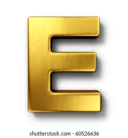 3d Rendering Of The Letter E In Gold Metal On A White Isolated Background.