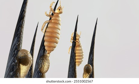 3d rendering of lice lay nits on hair shafts close to the scalp, 