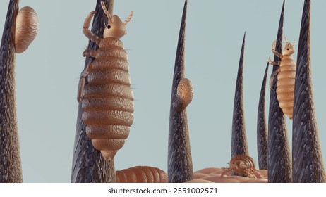 3d rendering of lice lay nits on hair shafts close to the scalp, 