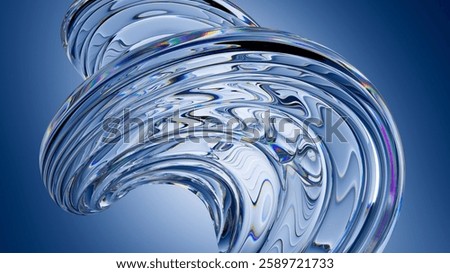 3D rendering. Light blue minimalist background featuring a macro image of an abstract curved shape with a textured, ribbed transparent crystal glass
