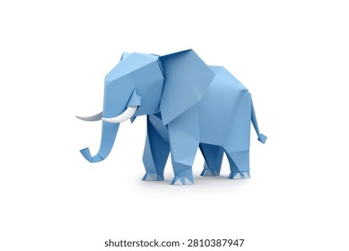 3d rendering of a light blue origami elephant, viewed from a low angle highlighting its underbelly and legs.