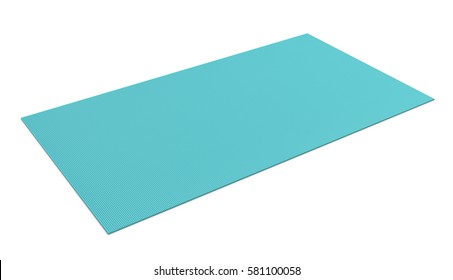 3d rendering of light blue rubber yoga mat for exercise isolated on white background. Fitness mat. Healthy lifestyle. Yoga exercises