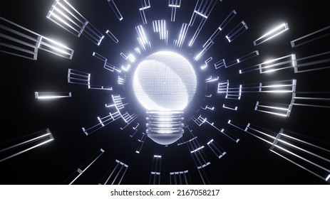 3d Rendering Light bulb connect data motion graphic background. Light bulb - Abstract idea concept. Animation of flying flickering particles form a lamp bulb sign.