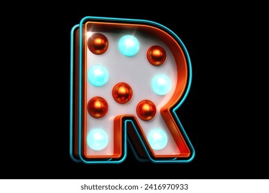 3D rendering light bulb marquee typography. Eye-catchingletter R in copper with bright blue dots.