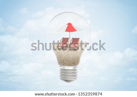 3d rendering of light bulb with two beach chairs and umbrella on sand inside on blue sky background. Holidays and vacations.