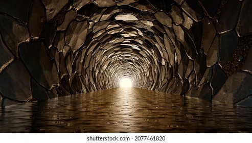 3D rendering  Light at the end the tunnel through the rock  A cave in the mountain and an exit at the end 