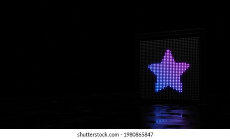 3d rendering light wall with blue violet spots shaped as symbol of star with sharp points on black background with wet floor reflection