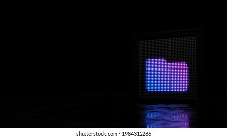 3d rendering light wall with blue violet spots shaped as symbol of office folder on black background with wet floor reflection