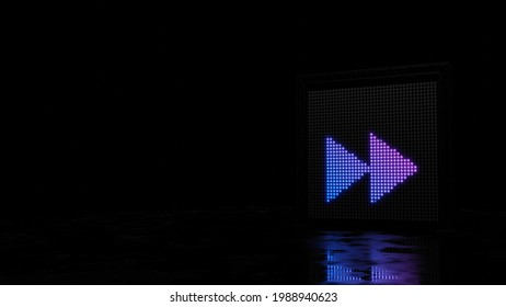3d rendering light wall with blue violet spots shaped as symbol of double fast forward right triangle arrows on black background with wet floor reflection
