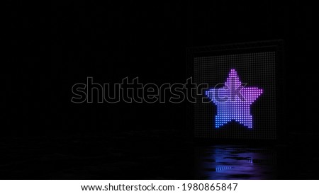 3d rendering light wall with blue violet spots shaped as symbol of star with sharp points on black background with wet floor reflection