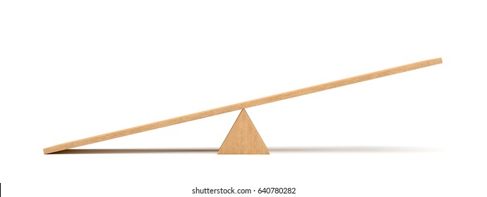 3d rendering of a light wooden seesaw with the left side leaning to the ground on white background. Geometrical shapes. Saving balance. Scales.