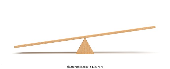 3d rendering of a light wooden seesaw with the left side leaning to the ground on white background. Geometrical shapes. Saving balance. Scales.