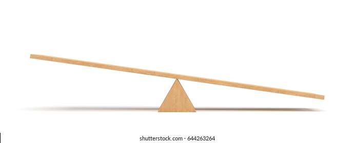 3d rendering of a light wooden seesaw with the right side leaning to the ground on white background. Geometrical shapes. Saving balance. Scales.