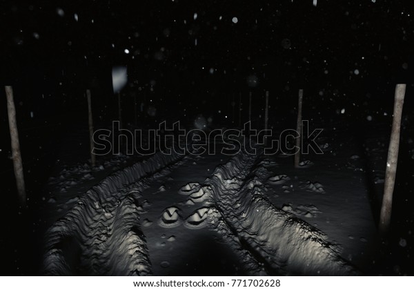 3d rendering of lighten headlights on snow covered\
road at night