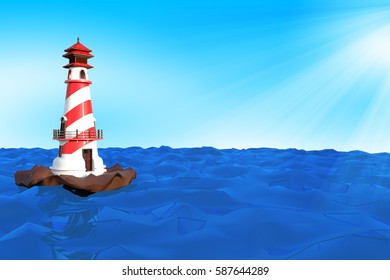 3d rendering of a lighthouse on a little rock island with blue sea and sky with sunlight.