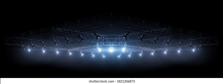 3D rendering lighting equipment on a stage. Blue light. Spotlight shines on the stage, scene, podium. Bright lighting with spotlights. Isolated light in black. Background. 3D