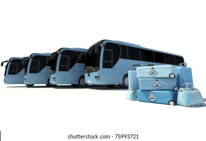 3D Rendering Of A Line Of Coach Buses And A Pile Of Luggage In Pale Blue Shades