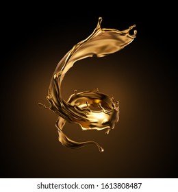 3d Rendering, Liquid Spiral Gold Splash, Artistic Paint Metallic Jet, Swirl, Wave, Golden Splashing Clip Art, Abstract Design Element Isolated On Black Background. Cosmetics Ingredient. Luxury Concept