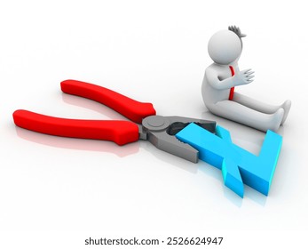 3d rendering lite coin sign symbol with cutting player near business man