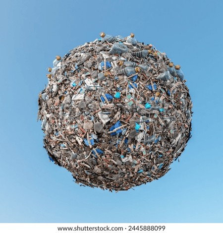 3D rendering of little planet completely covered by trash and debris over blue sky